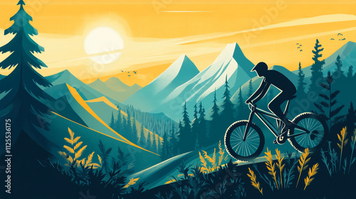A vibrant illustration of a mountain biker traversing a scenic trail during sunset, surrounded by lush forests and towering mountains