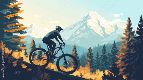 Illustration of a mountain biker rides through a vibrant autumn landscape, with majestic mountains in the background and lush trees framing the scene