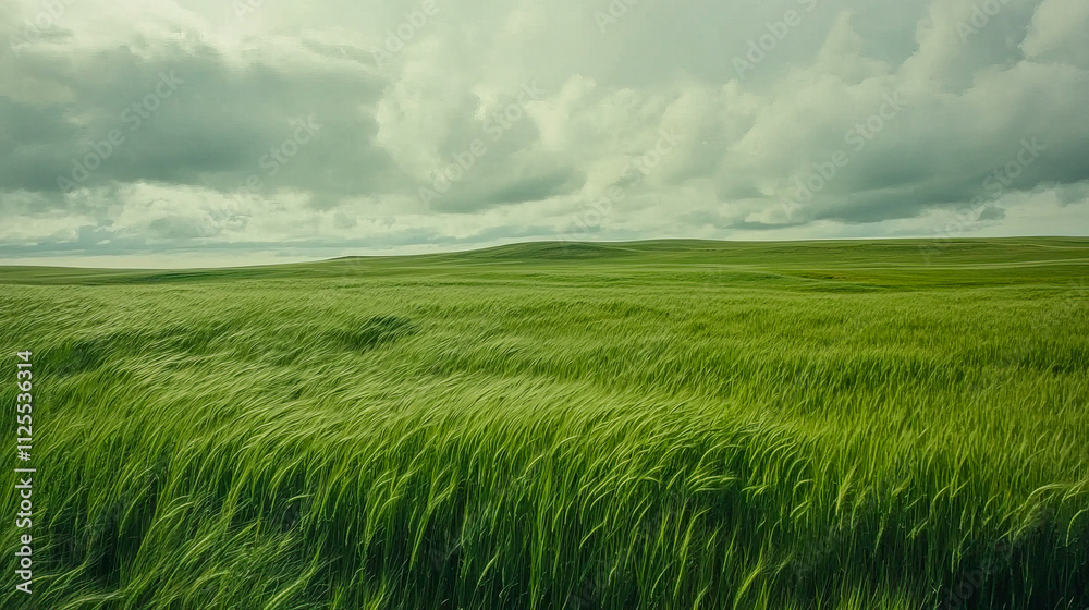Lush green wheat field under cloudy sky in serene landscape Lush green wheat field under cloudy sky in serene landscape