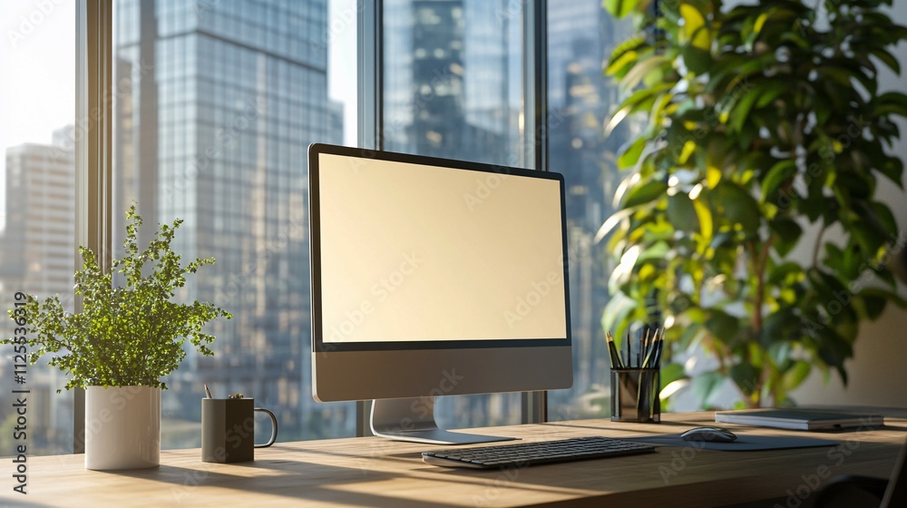 Modern Office Workspace With Computer And Plants Modern Office Workspace With Computer And Plants