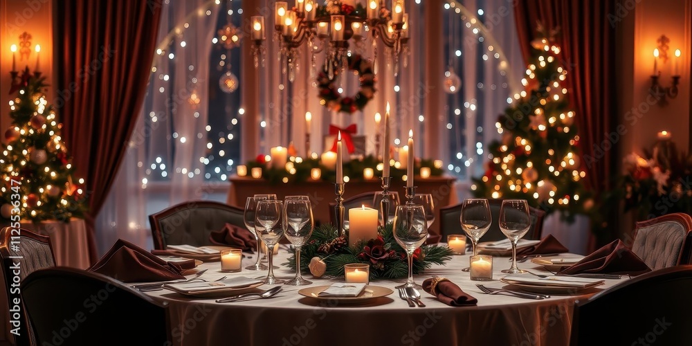 Trendy bottle green dining room with table set for Christmas dinner, winter, decorations Trendy bottle green dining room with table set for Christmas dinner, winter, decorations
