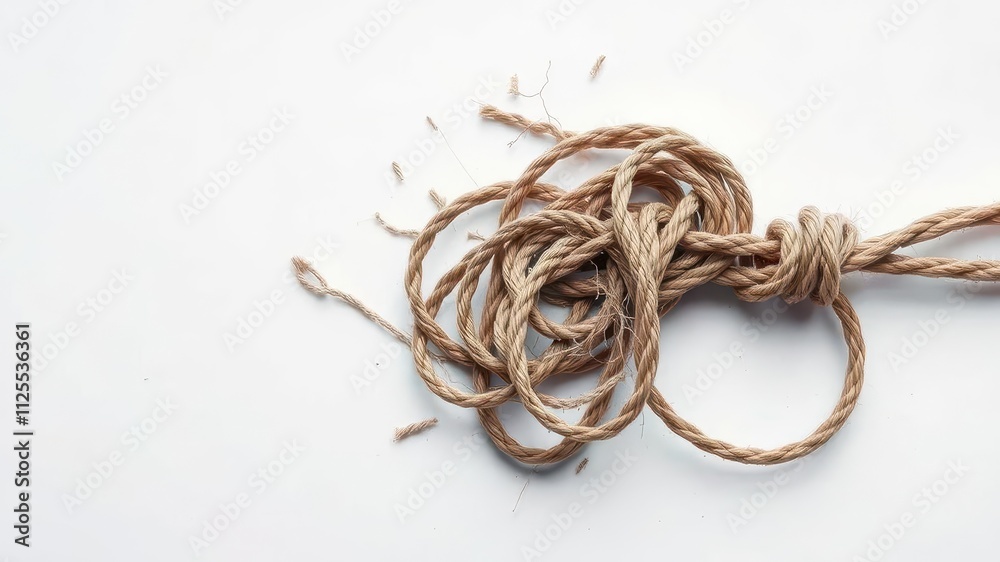 Tangled string rope under pressure causing it to break and stress, weakness, crisis Tangled string rope under pressure causing it to break and stress, weakness, crisis