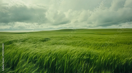 Lush green wheat field under cloudy sky in serene landscape