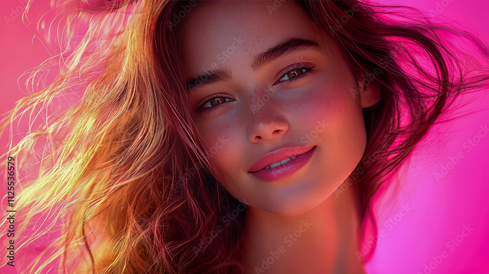 Confident young caucasian female with wavy hair against bright pink background Confident young caucasian female with wavy hair against bright pink background