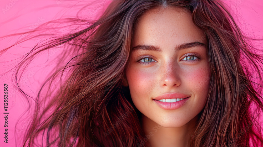 Smiling young caucasian female against pink background with windblown hair Smiling young caucasian female against pink background with windblown hair