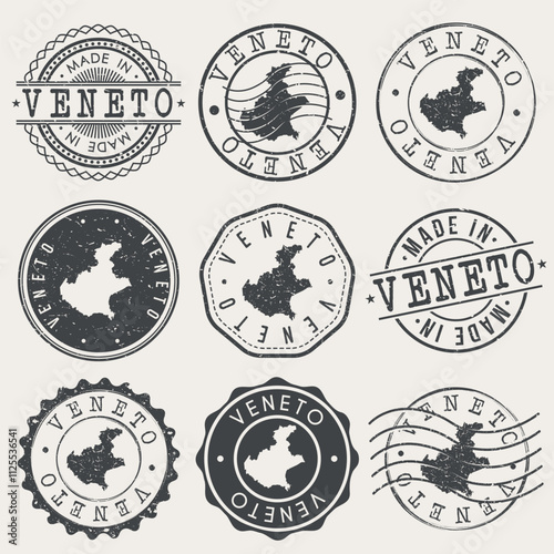 Veneto, Italy Set of Stamps. Country Travel Marks. Made In Product. Design Seals Old Style Insignia.