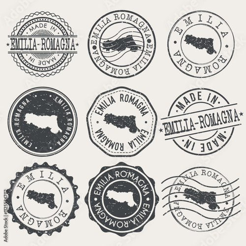 Emilia-Romagna, Italy Set of Stamps. Country Travel Marks. Made In Product. Design Seals Old Style Insignia.