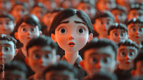 A wide-eyed girl stands out among a crowd of identical characters, evoking curiosity and a sense of individuality within a sea of sameness.