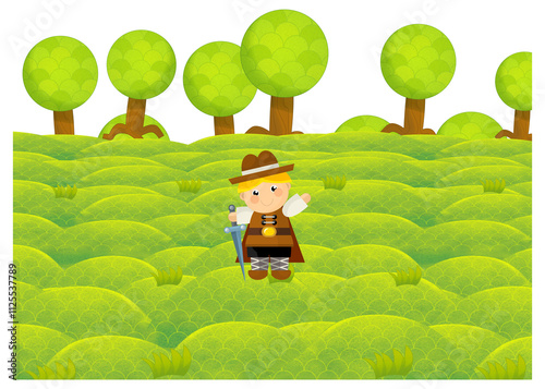 cartoon scene with character withl outfit costume representing his her nationality standing in park during summer illustration for children photo