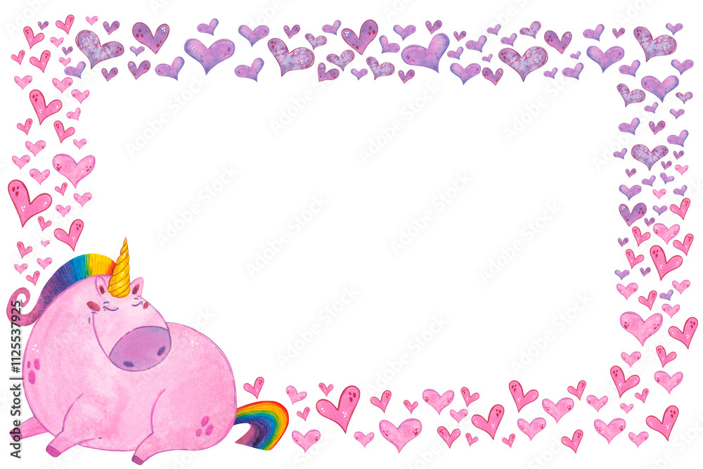 Rectangular frame of hearts and a lying unicorn. Watercolor illustration, hand drawn in childish style. Drawing for stickers, postcards, photo frames. unicorn, cartoon, character, lilac, Rectangular frame of hearts and a lying unicorn. Watercolor illustration, hand drawn in childish style. Drawing for stickers, postcards, photo frames. unicorn, cartoon, character, lilac,