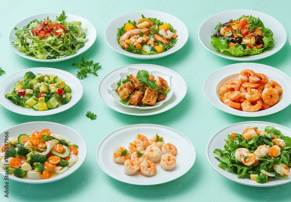 Colorful Array of Fresh Salads and Shrimp Dishes on Elegant White Plates against a Turquoise Background Ideal for Healthy Dining and Culinary Inspiration Colorful Array of Fresh Salads and Shrimp Dishes on Elegant White Plates against a Turquoise Background Ideal for Healthy Dining and Culinary Inspiration