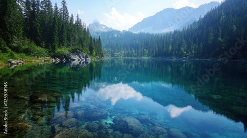 Fototapeta Naklejka Na Ścianę i Meble -  Crystal clear alpine lake reflecting mountains and forest.