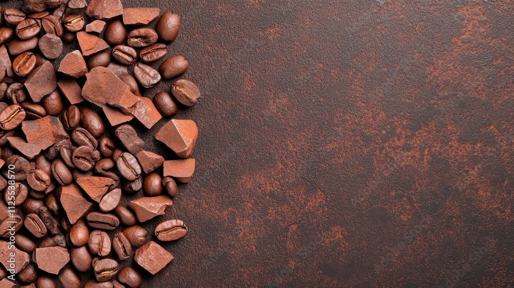 A Rich Collection of Coffee Beans and Chocolate Pieces Arranged Beautifully on a Rustic Brown Surface, Perfect for Gourmet and Culinary Themes A Rich Collection of Coffee Beans and Chocolate Pieces Arranged Beautifully on a Rustic Brown Surface, Perfect for Gourmet and Culinary Themes