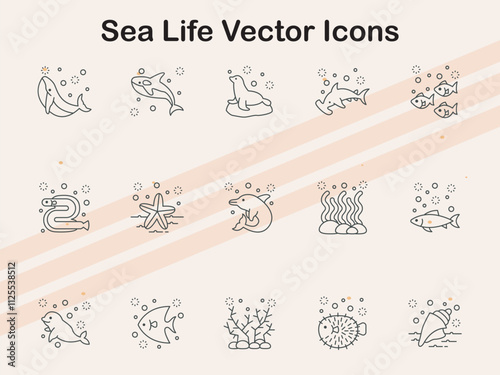 Vector icons representing marine life elements such as fish  coral  and sea creatures  perfect for ocean-related projects.