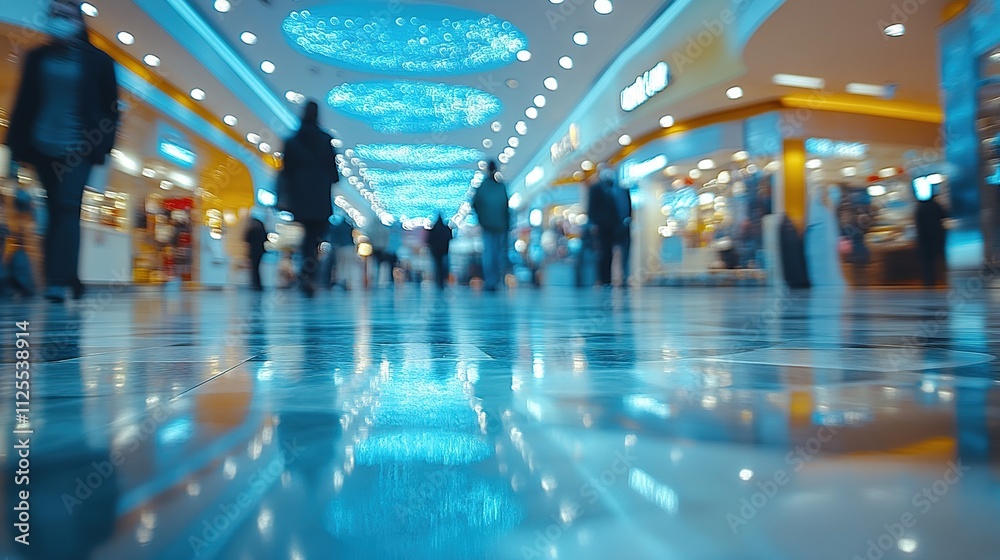 Blurred shoppers walking in a bright modern mall with shiny floors and ceiling lights. Blurred shoppers walking in a bright modern mall with shiny floors and ceiling lights.