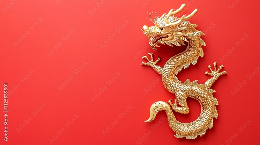 Golden Dragon Figurine on Red Background, Lunar New Year 2024, Chinese Zodiac Symbol, Copy Space