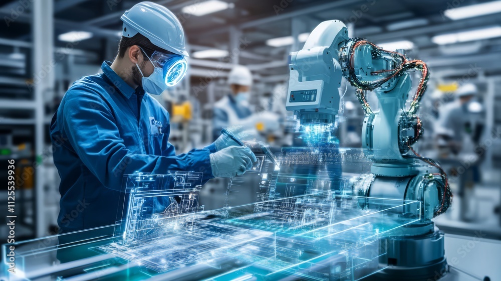 Technician using augmented reality with industrial robot. Technician using augmented reality with industrial robot.
