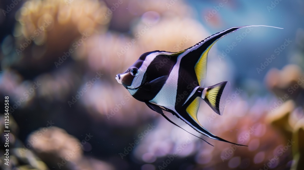 A moorish idol fish swimming in an aquarium A moorish idol fish swimming in an aquarium