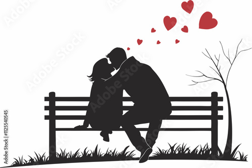 Couple sitting on a park bench, Seated figures on a simple wooden bench, leaning against each other lovingly vector silhouette on a white background