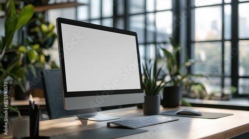 Modern desktop computer setup with plants in a bright office