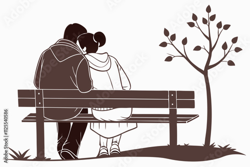 Couple sitting on a park bench, Seated figures on a simple wooden bench, leaning against each other lovingly vector silhouette on a white background