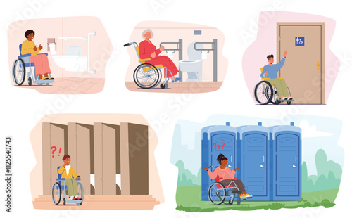 Inclusive people character in wheelchair using lavatory restroom with various services and condition