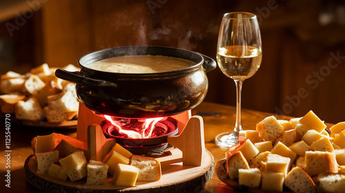 Cheese fondue with bread and glass of Drink photo