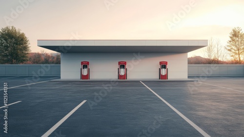 Three red electric vehicle charging stations under a canopy in an empty parking lot at sunset. photo