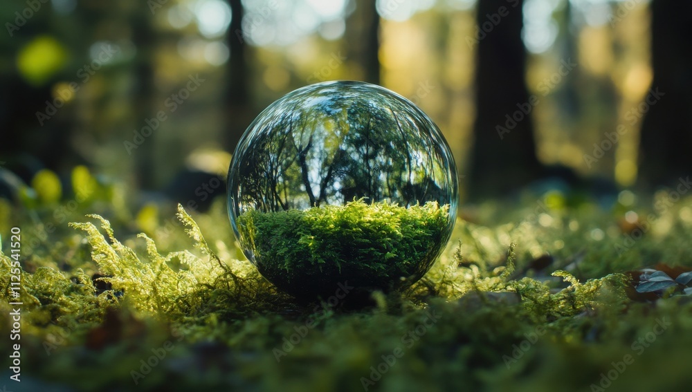 Crystal Glass Sphere Reflecting Lush Green Moss and Trees in a Serene Forest Setting, Capturing Nature's Beauty and Tranquility in Soft Natural Light Crystal Glass Sphere Reflecting Lush Green Moss and Trees in a Serene Forest Setting, Capturing Nature's Beauty and Tranquility in Soft Natural Light