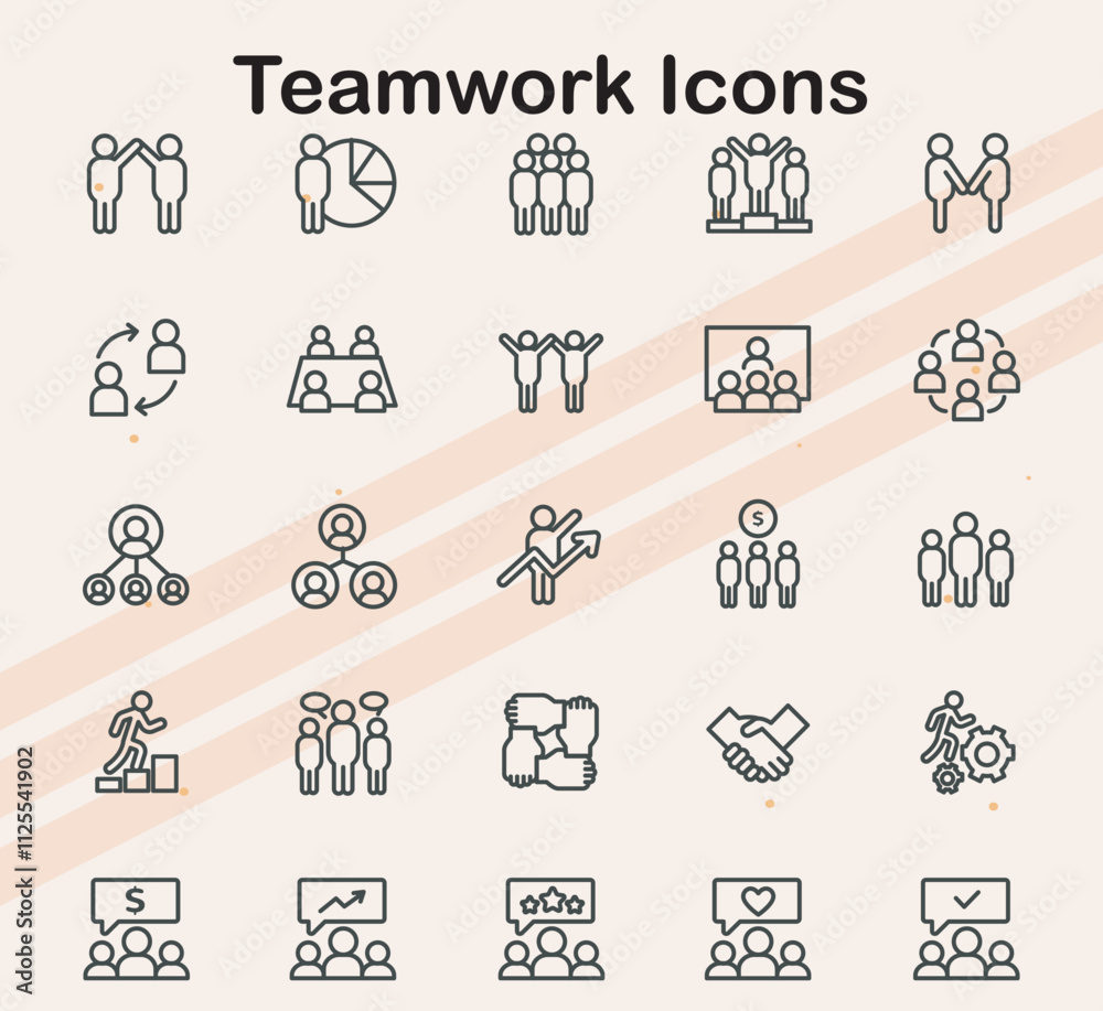 Icons representing teamwork elements such as collaboration hands and gears perfect for business leadership and team-building projects. Icons representing teamwork elements such as collaboration hands and gears perfect for business leadership and team-building projects.