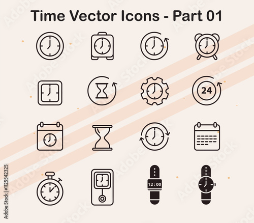 Vector icons representing time-related elements such as clocks  timers  and watches  ideal for projects involving scheduling and time management.