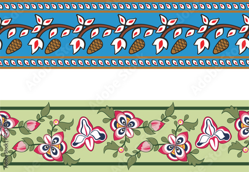 Vector seamless floral ethnic friezes with flowers, leaves, pine cones. Wedding backgrounds, winter holiday decors, page decorations, fabric, damask and scarf patterns. Floral ornaments.