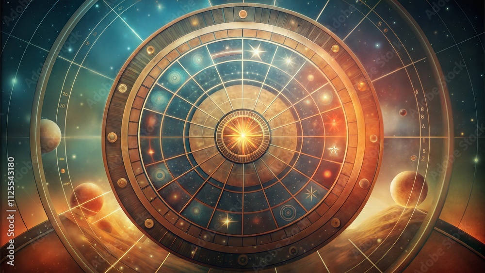 Obraz premium Celestial observatory wheel with cosmic star map and planets