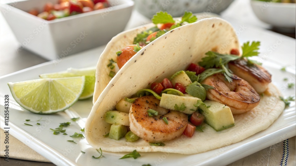 Shrimp tacos with avocado and lime on a white plate Shrimp tacos with avocado and lime on a white plate