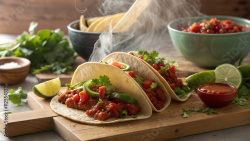 Steaming tacos with salsa and fresh cilantro on wooden board