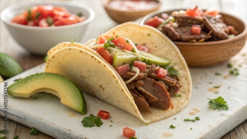 Delicious beef tacos with fresh avocado and salsa garnish