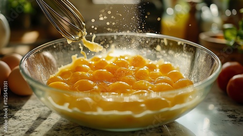 Whisk mixing fresh eggs in a sunlit kitchen