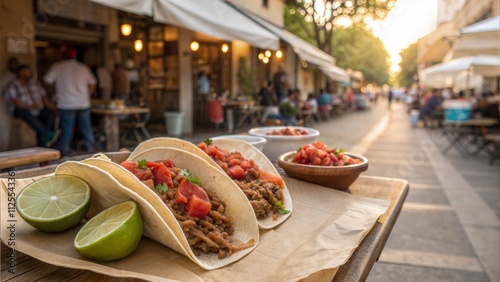 Street tacos with fresh salsa on outdoor cafe table in vibrant market setting