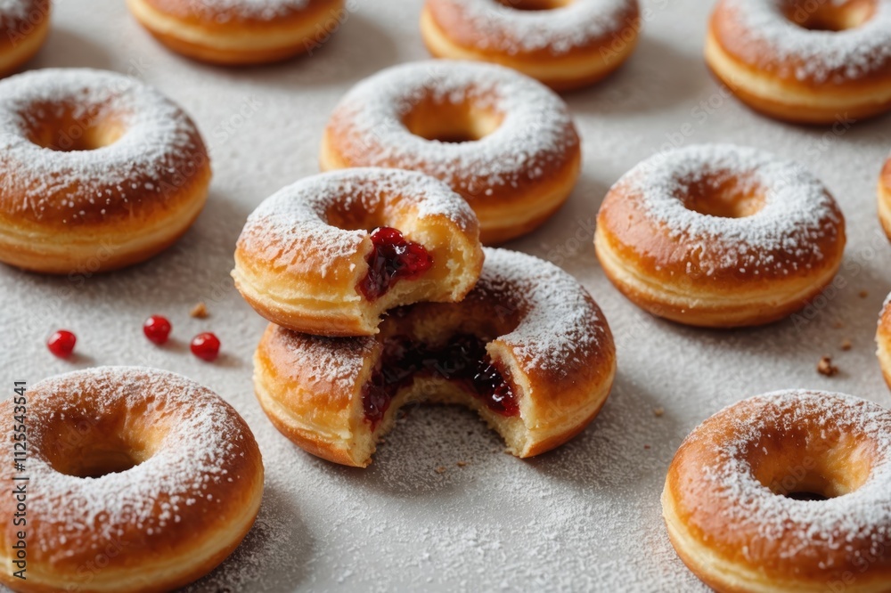 German fried donut, so called Krapfen, Berliner or Pfannkuchen, filled with rose hip jam and dusted with cinnamon sugar, traditionally eaten at carnival and at New Year's Eve on white background German fried donut, so called Krapfen, Berliner or Pfannkuchen, filled with rose hip jam and dusted with cinnamon sugar, traditionally eaten at carnival and at New Year's Eve on white background