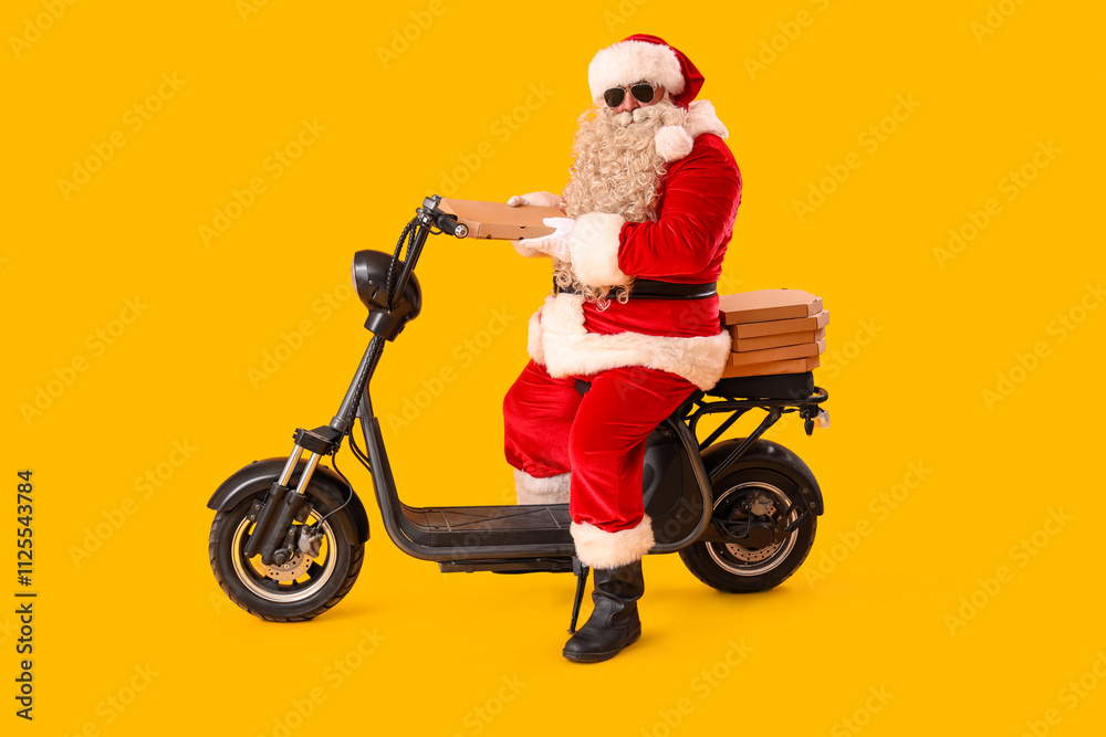 Cool Santa Claus with pizza boxes on bike against yellow background Cool Santa Claus with pizza boxes on bike against yellow background