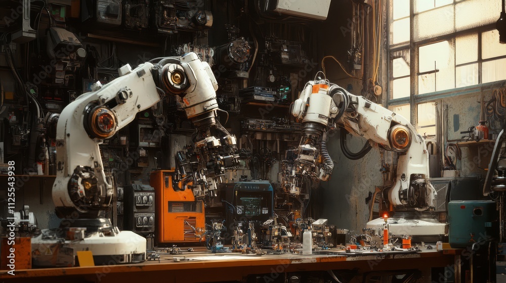 Two robotic arms working on a small project in a workshop. Two robotic arms working on a small project in a workshop.