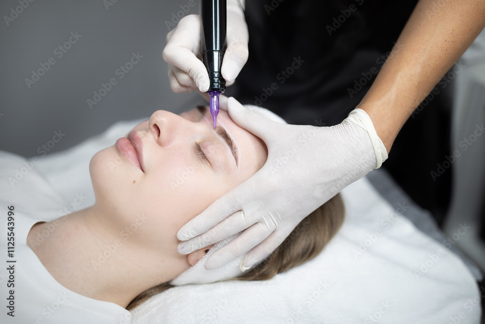 A client relaxes in a modern salon as a technician carefully applies permanent makeup to enhance her eyebrows. The setting promotes beauty and pampering through expert services. A client relaxes in a modern salon as a technician carefully applies permanent makeup to enhance her eyebrows. The setting promotes beauty and pampering through expert services.
