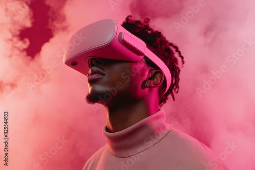 Immersive virtual reality experience with a male user in a colorful environment photo