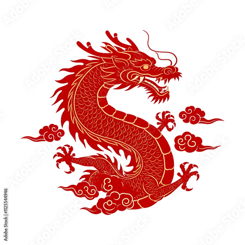 Happy Chinese new year 2025 the dragon zodiac sign, tattoo art illustration with flower, lantern, Asian elements gold and red paper cut style on white color background. 