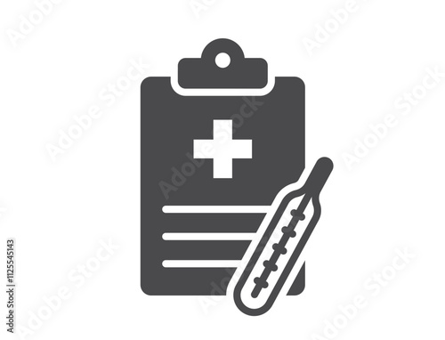 Patient report card flat icon. Medical history and medical thermometer. Isolated vector image in simple style
