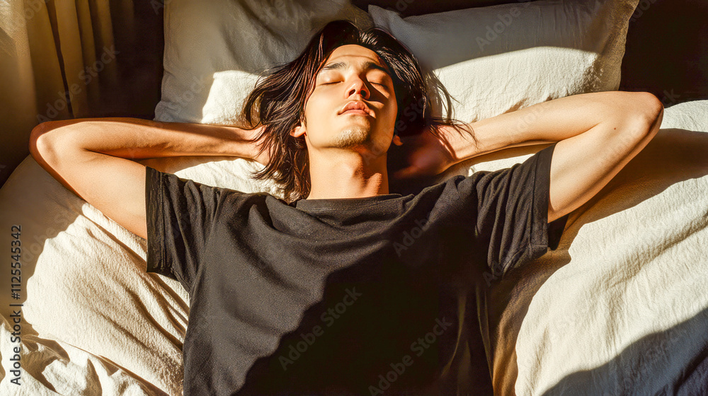 Naklejka premium Young asian male relaxing on bed in sunlit room