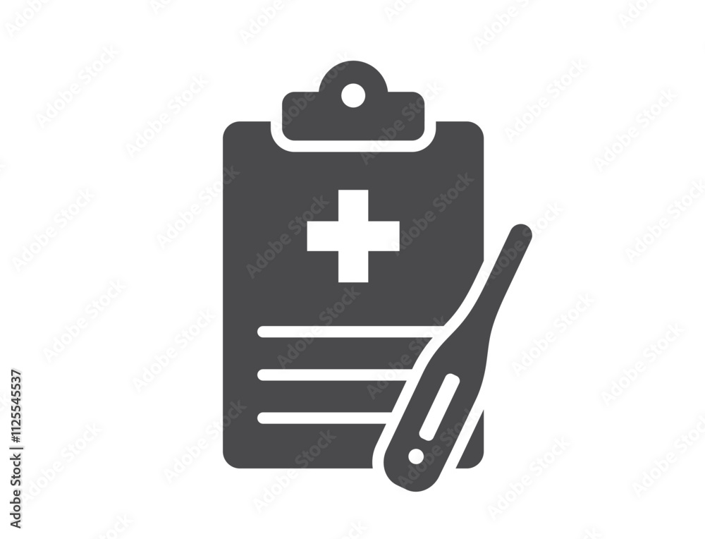 Medical history flat icon. Patient report card and digital thermometer. Isolated vector image in simple style Medical history flat icon. Patient report card and digital thermometer. Isolated vector image in simple style