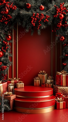 Red Christmas stage with gift 