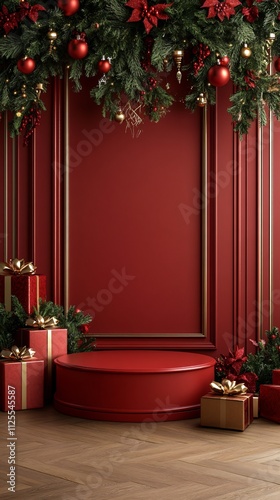 Red Christmas stage with gift 