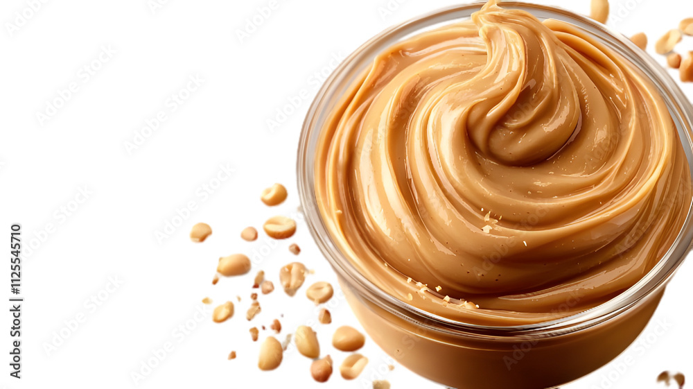 Creamy Peanut Butter in a Glass Bowl with Whole and Chopped Peanuts on a White Background Creamy Peanut Butter in a Glass Bowl with Whole and Chopped Peanuts on a White Background